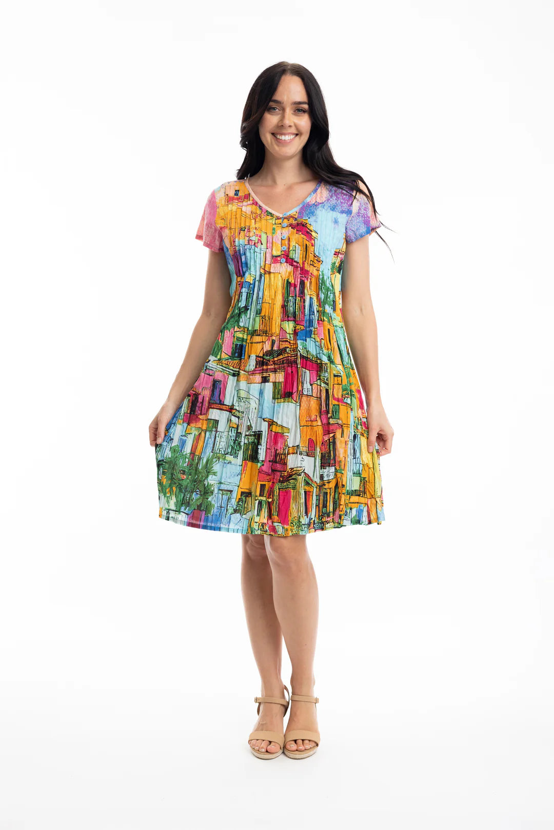 Orientique Printed Cotton V Neck Havana Dress