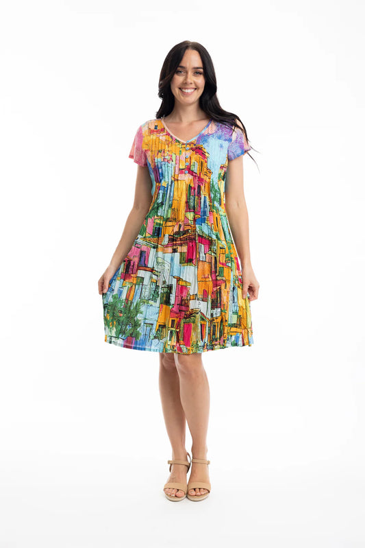 Orientique Printed Cotton V Neck Havana Dress
